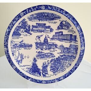VERNON KILNS-WISCONSIN Blue & White State Landmarks Collectible Plate-Vintage!